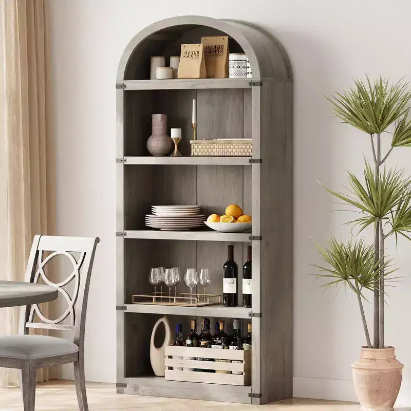 Bibliothèque en bois avec portes, étagère de 182 cm de haut avec arche, meuble de style ferme avec étagères pour bureau à domicile, salon