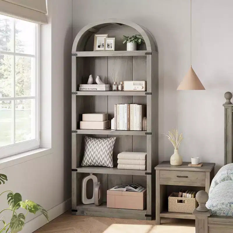 Bibliothèque en bois avec portes, étagère de 182 cm de haut avec arche, meuble de style ferme avec étagères pour bureau à domicile, salon