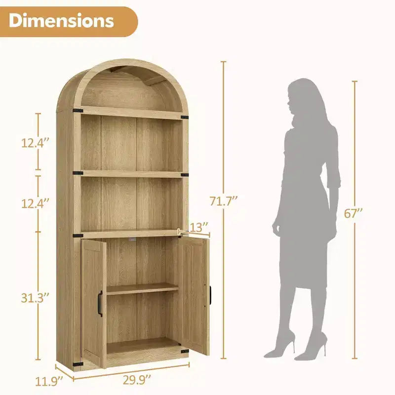 Bibliothèque en bois avec portes, étagère de 182 cm de haut avec arche, meuble de style ferme avec étagères pour bureau à domicile, salon