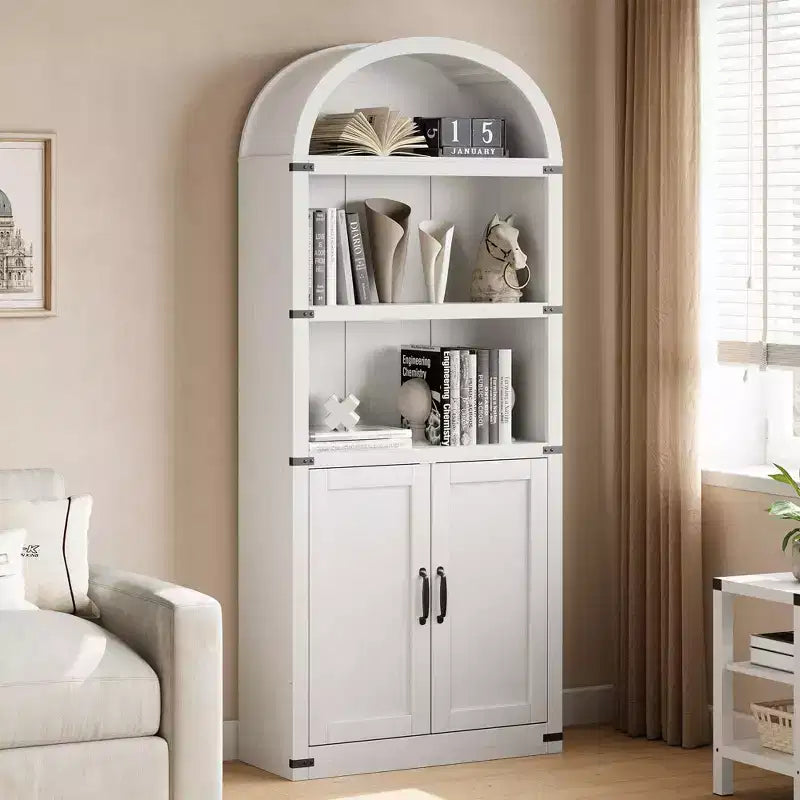 Bibliothèque en bois avec portes, étagère de 182 cm de haut avec arche, meuble de style ferme avec étagères pour bureau à domicile, salon