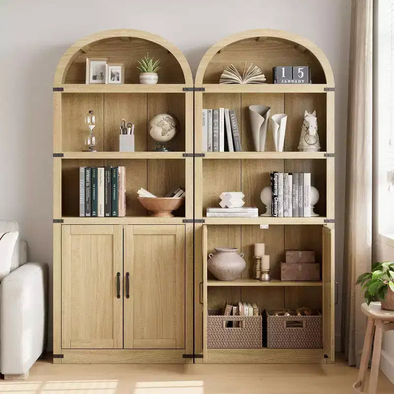 Bibliothèque en bois avec portes, étagère de 182 cm de haut avec arche, meuble de style ferme avec étagères pour bureau à domicile, salon