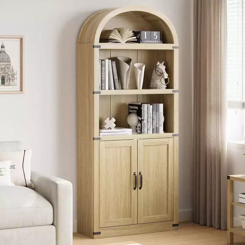 Bibliothèque en bois avec portes, étagère de 182 cm de haut avec arche, meuble de style ferme avec étagères pour bureau à domicile, salon