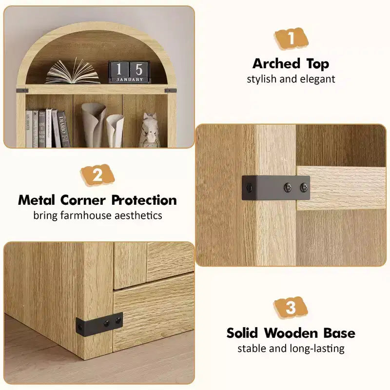Bibliothèque en bois avec portes, étagère de 182 cm de haut avec arche, meuble de style ferme avec étagères pour bureau à domicile, salon