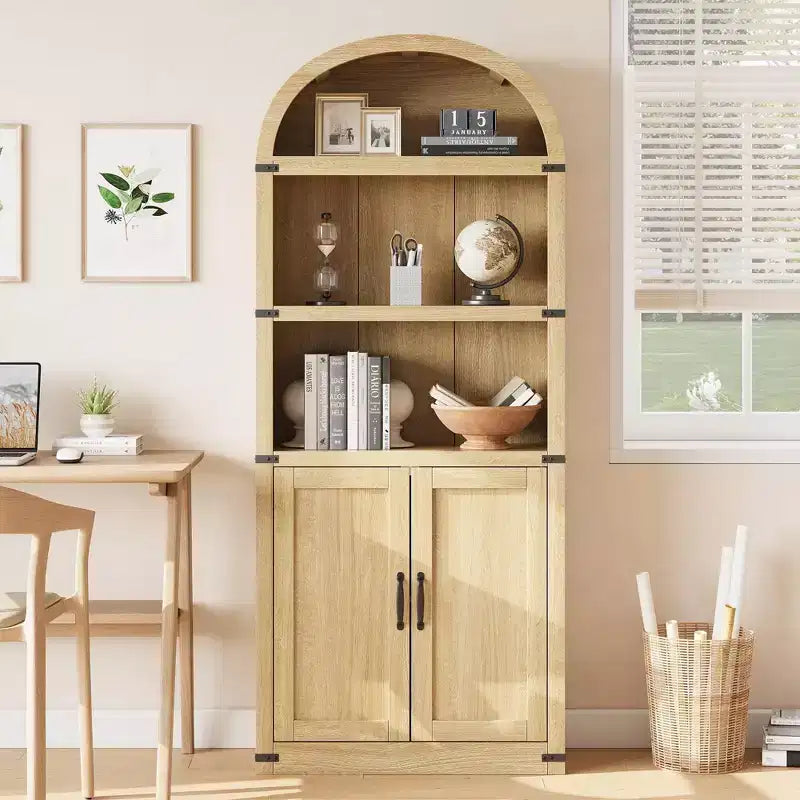 Bibliothèque en bois avec portes, étagère de 182 cm de haut avec arche, meuble de style ferme avec étagères pour bureau à domicile, salon
