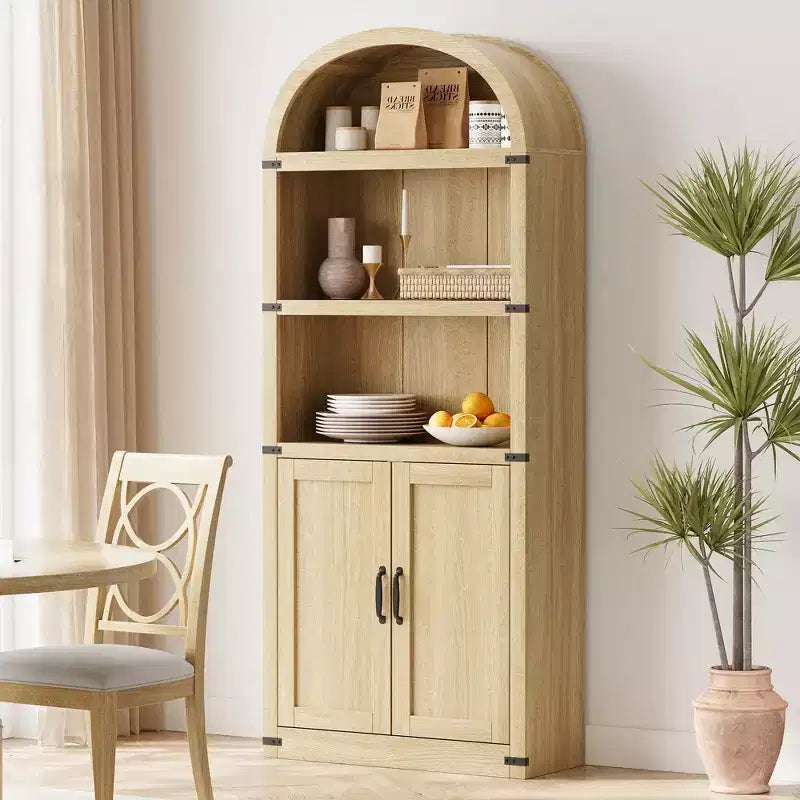 Bibliothèque en bois avec portes, étagère de 182 cm de haut avec arche, meuble de style ferme avec étagères pour bureau à domicile, salon