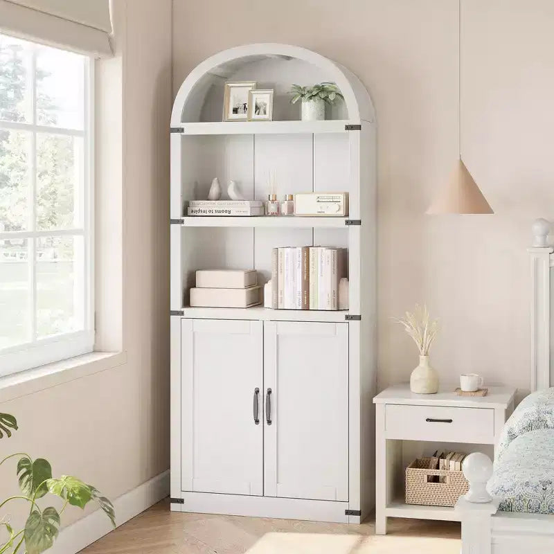 Bibliothèque en bois avec portes, étagère de 182 cm de haut avec arche, meuble de style ferme avec étagères pour bureau à domicile, salon
