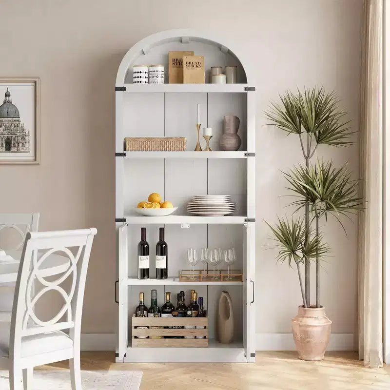 Bibliothèque en bois avec portes, étagère de 182 cm de haut avec arche, meuble de style ferme avec étagères pour bureau à domicile, salon