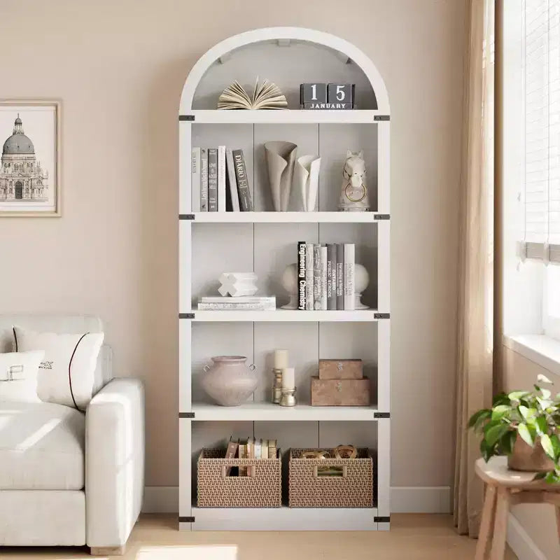 Bibliothèque en bois avec portes, étagère de 182 cm de haut avec arche, meuble de style ferme avec étagères pour bureau à domicile, salon