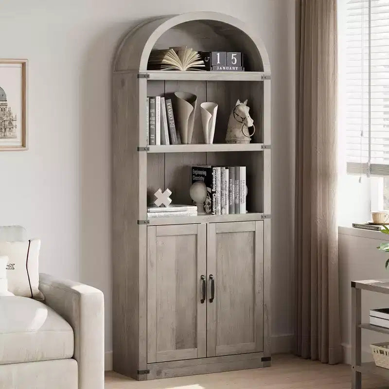Bibliothèque en bois avec portes, étagère de 182 cm de haut avec arche, meuble de style ferme avec étagères pour bureau à domicile, salon