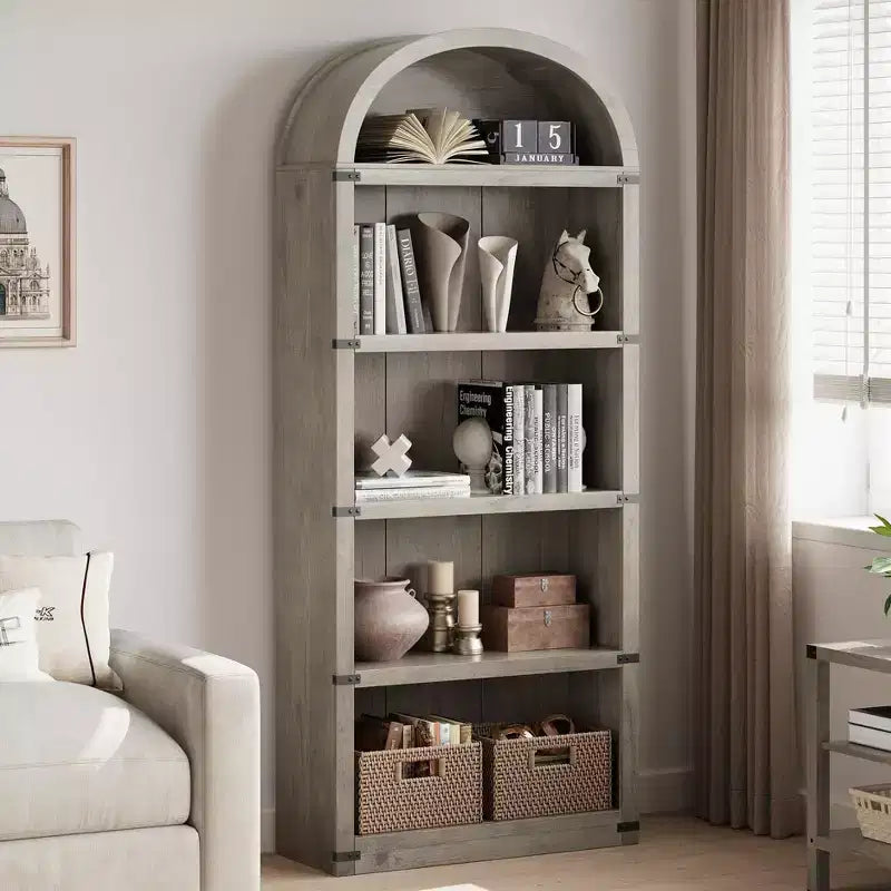 Bibliothèque en bois avec portes, étagère de 182 cm de haut avec arche, meuble de style ferme avec étagères pour bureau à domicile, salon