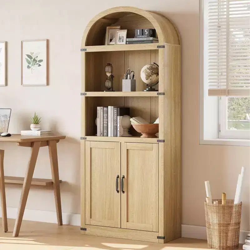 Bibliothèque en bois avec portes, étagère de 182 cm de haut avec arche, meuble de style ferme avec étagères pour bureau à domicile, salon