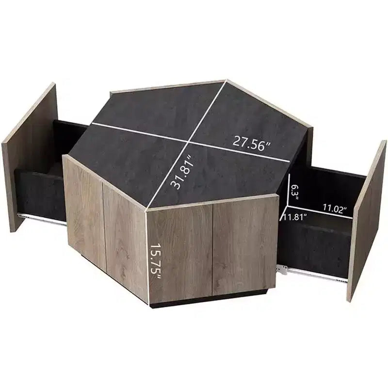Table basse hexagonale rustique industrielle, finition chêne et gris texturé, deux tiroirs, plateau étanche, 31,81x27,56x15,75