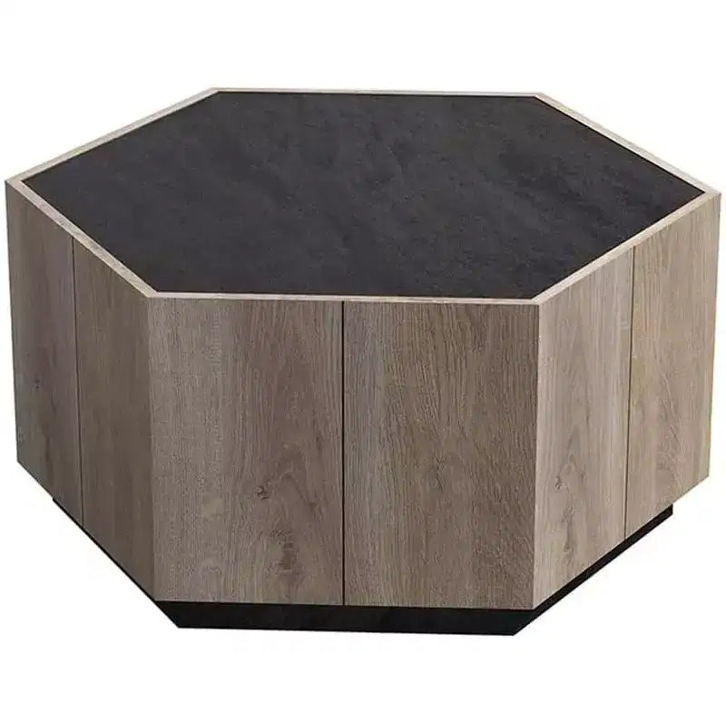 Table basse hexagonale rustique industrielle, finition chêne et gris texturé, deux tiroirs, plateau étanche, 31,81x27,56x15,75