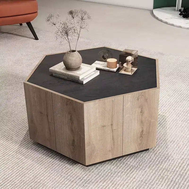 Table basse hexagonale rustique industrielle, finition chêne et gris texturé, deux tiroirs, plateau étanche, 31,81x27,56x15,75