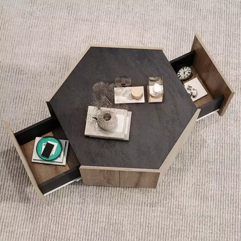 Table basse hexagonale rustique industrielle, finition chêne et gris texturé, deux tiroirs, plateau étanche, 31,81x27,56x15,75