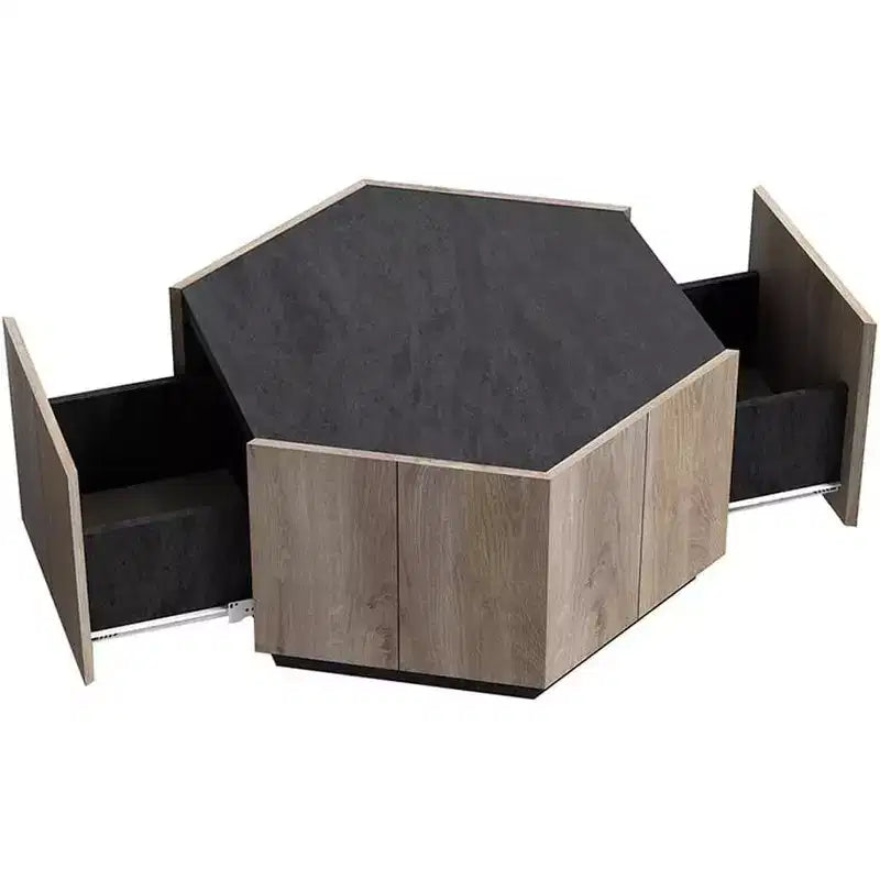 Table basse hexagonale rustique industrielle, finition chêne et gris texturé, deux tiroirs, plateau étanche, 31,81x27,56x15,75