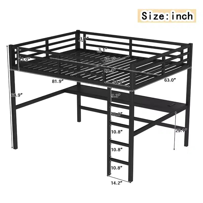 Lit mezzanine queen-size en métal noir avec bureau, prise de courant et lumières LED, peu encombrant