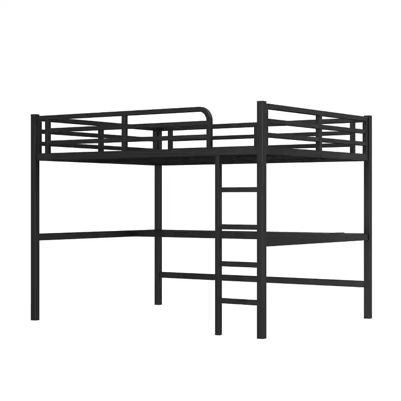 Lit mezzanine queen-size en métal noir avec bureau, prise de courant et lumières LED, peu encombrant