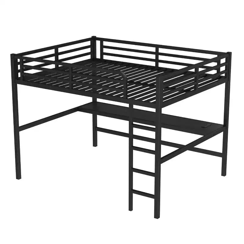 Lit mezzanine queen-size en métal noir avec bureau, prise de courant et lumières LED, peu encombrant