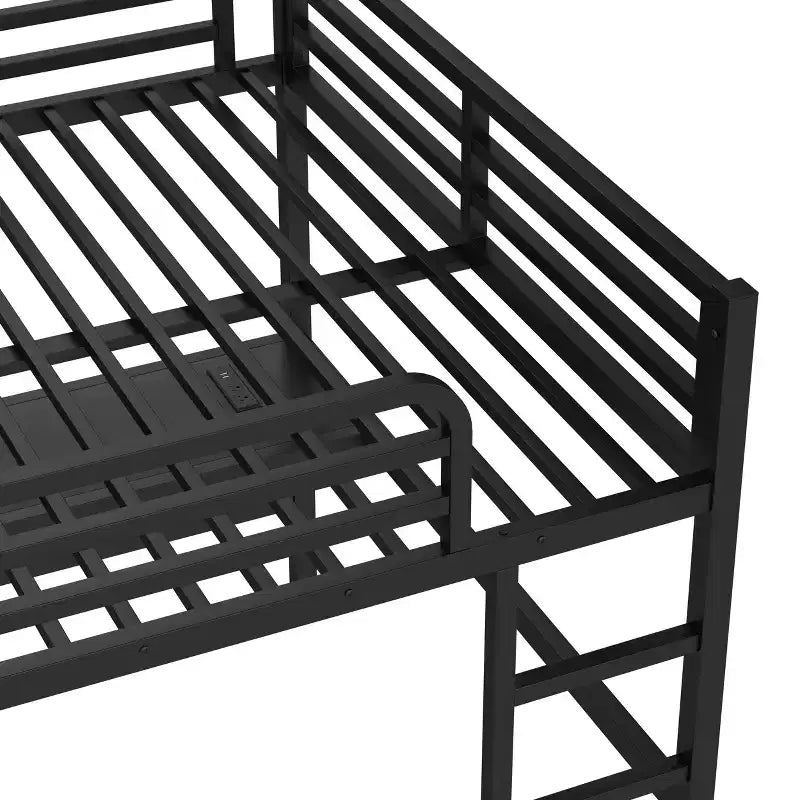 Lit mezzanine queen-size en métal noir avec bureau, prise de courant et lumières LED, peu encombrant