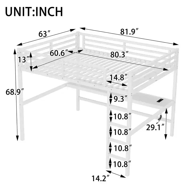 Lit mezzanine queen-size en métal noir avec bureau, prise de courant et lumières LED, peu encombrant