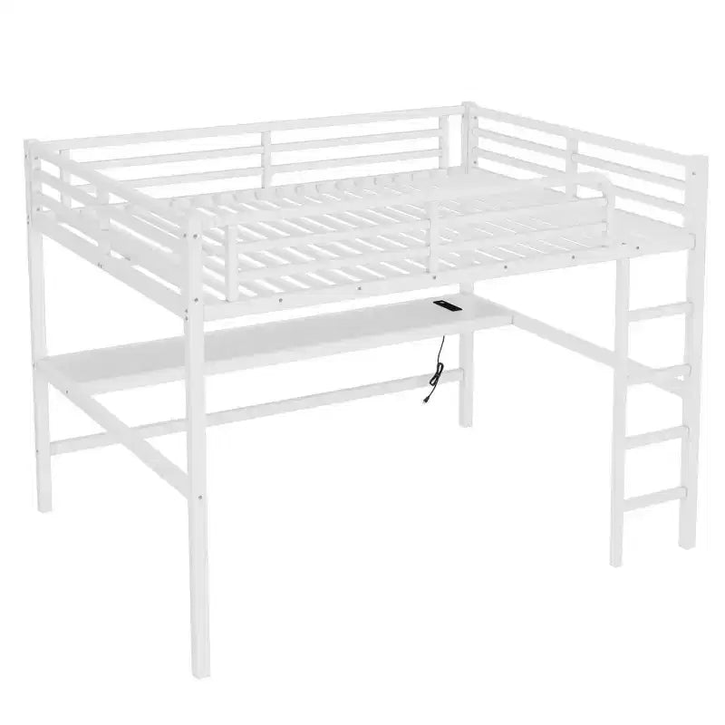 Lit mezzanine queen-size en métal noir avec bureau, prise de courant et lumières LED, peu encombrant