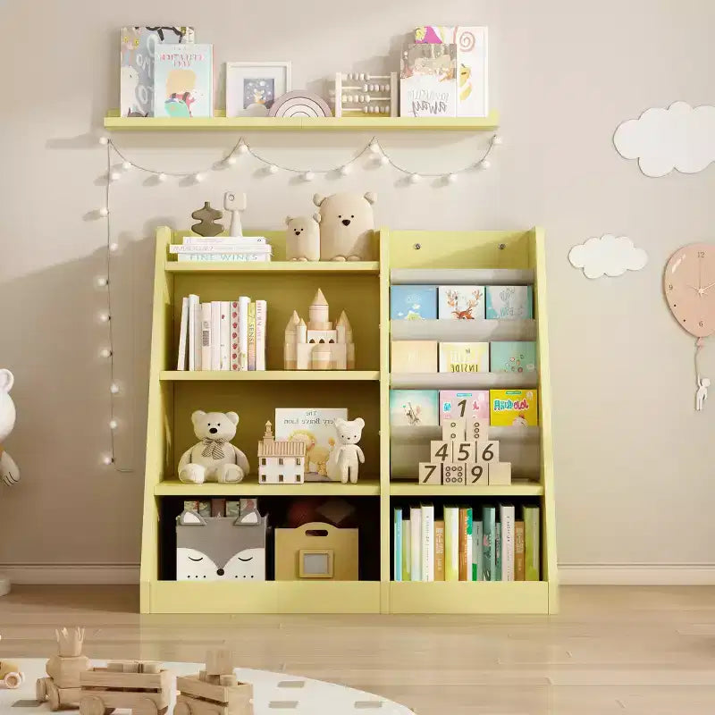Étagère à livres 4 niveaux pour enfants, organisateur de rangement de jouets pour crèche, salle de jeux et chambre, jaune