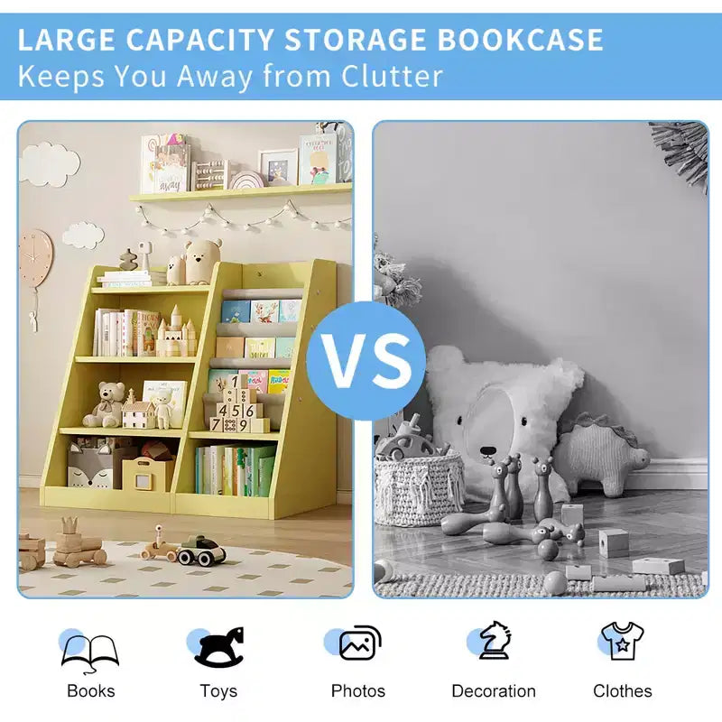 Étagère à livres 4 niveaux pour enfants, organisateur de rangement de jouets pour crèche, salle de jeux et chambre, jaune