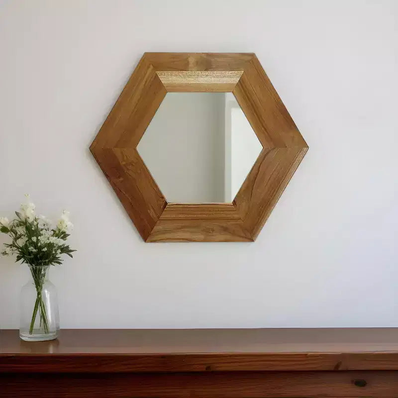 Miroir décoratif hexagonal de 19 pouces avec cadre en bois massif naturel