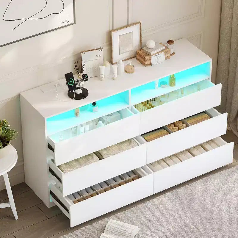 Coiffeuse moderne à 6 tiroirs avec plateau coulissant, organiseur pour chambre à coucher, dressing et salon