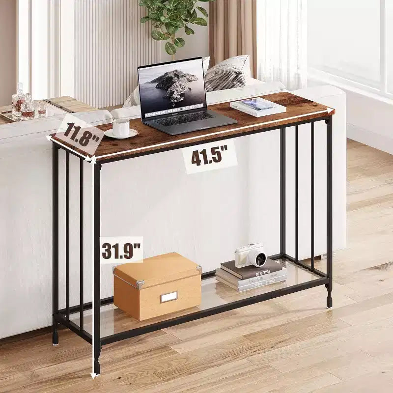 Console, Table de canapé en verre trempé avec étagère en verre et cadre en métal, Table d'entrée étroite moderne, Cadre en métal, pour Salon, Couloir