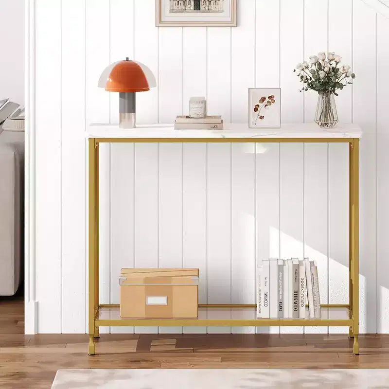 Console, Table de canapé en verre trempé avec étagère en verre et cadre en métal, Table d'entrée étroite moderne, Cadre en métal, pour Salon, Couloir