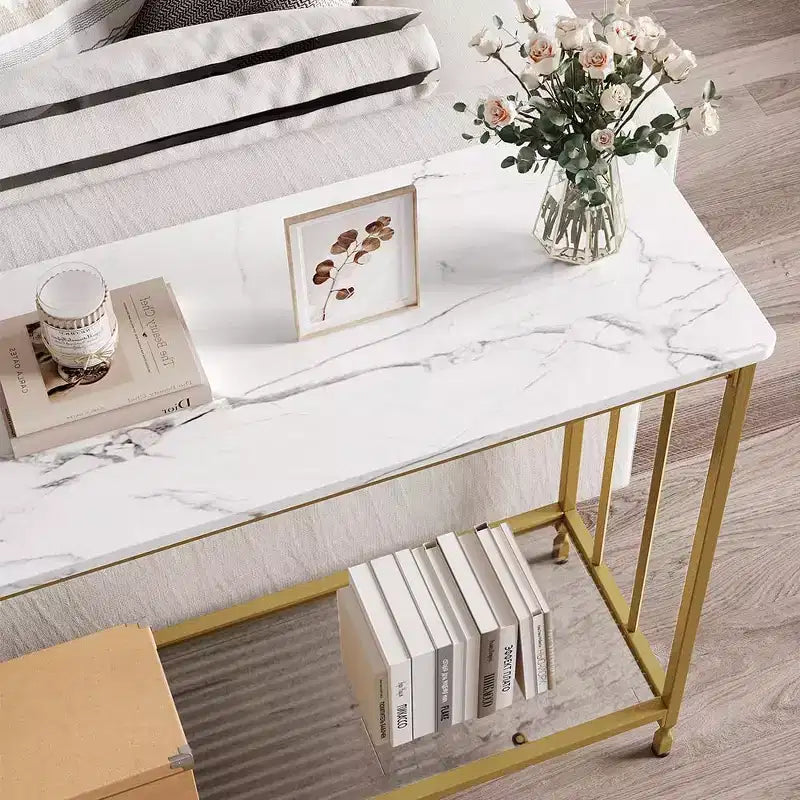 Console, Table de canapé en verre trempé avec étagère en verre et cadre en métal, Table d'entrée étroite moderne, Cadre en métal, pour Salon, Couloir