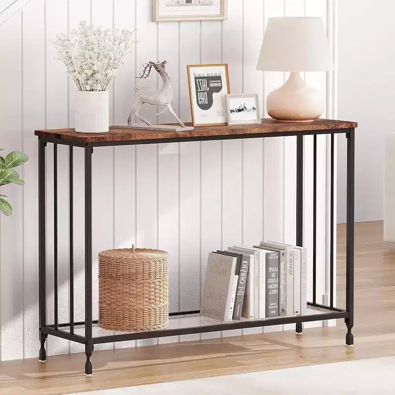 Console, Table de canapé en verre trempé avec étagère en verre et cadre en métal, Table d'entrée étroite moderne, Cadre en métal, pour Salon, Couloir